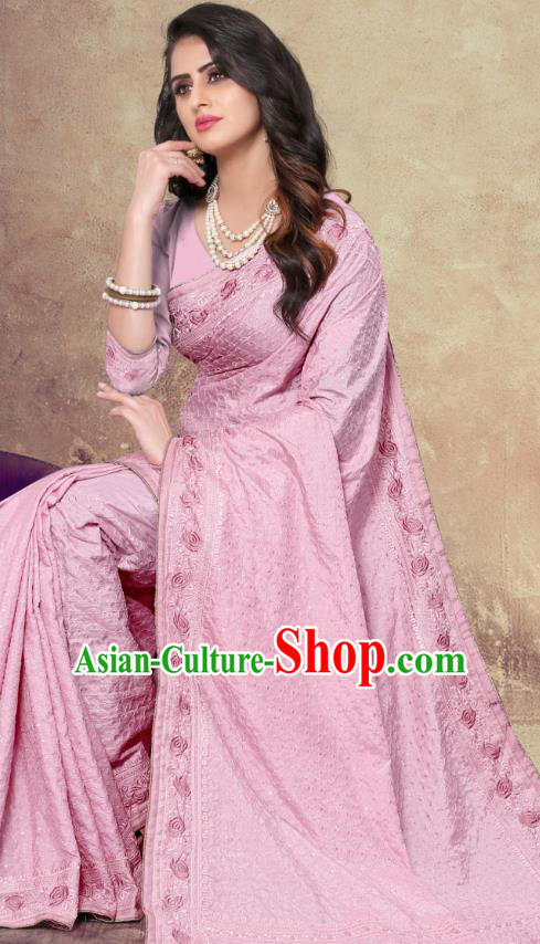 Asian India Festival Bollywood Peach Pink Georgette Saree Dress Asia Indian National Dance Costumes Traditional Court Princess Blouse and Sari Full Set