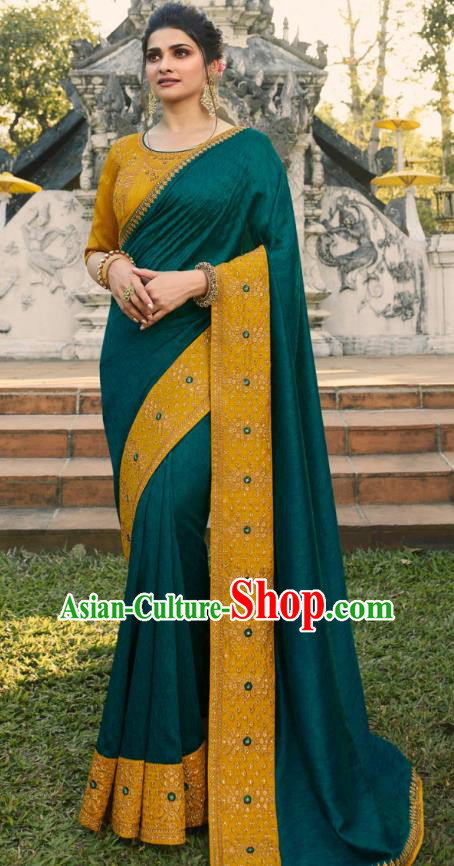 Asian India National Wedding Teal Silk Saree Costumes Asia Indian Bride Traditional Blouse and Embroidered Sari Dress for Women