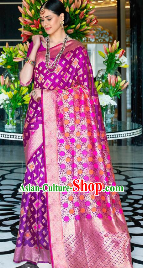 Asian India Festival Bollywood Violet Silk Saree Asia Indian National Dance Costumes Traditional Court Princess Blouse and Sari Dress for Women