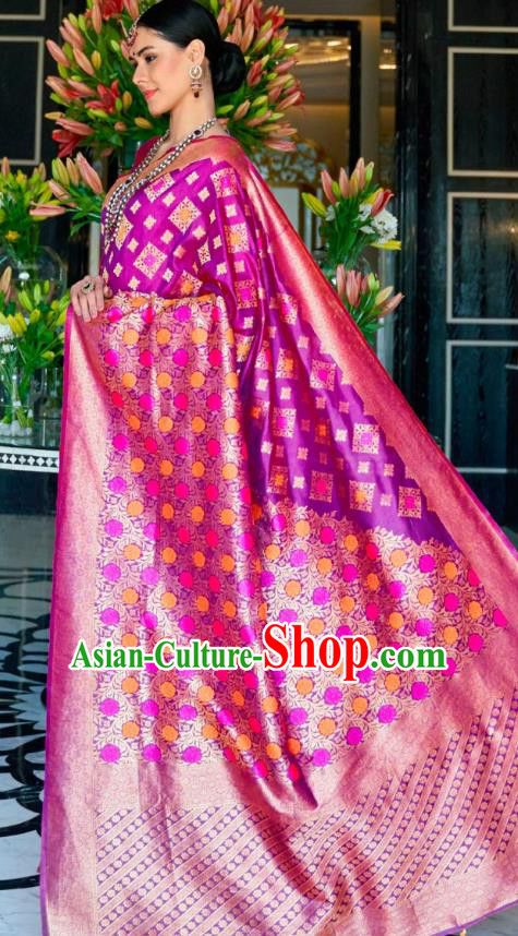 Asian India Festival Bollywood Violet Silk Saree Asia Indian National Dance Costumes Traditional Court Princess Blouse and Sari Dress for Women