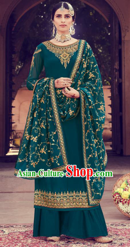 Asian India Traditional Punjab Suits Costumes Asia Indian National Embroidered Teal Georgette Long Blouse and Loose Pants Shawl Complete Set