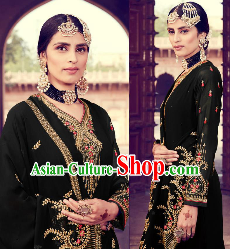 Asian India Traditional Punjab Suits Costumes Asia Indian National Embroidered Black Georgette Long Blouse and Loose Pants Shawl Complete Set