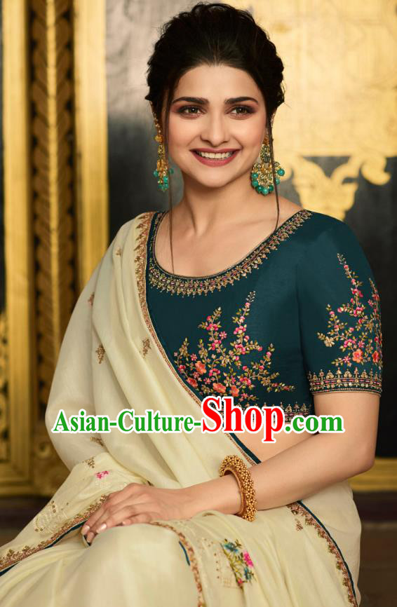 Asian India National Wedding Cream Silk Saree Costumes Asia Indian Bride Traditional Blouse and Embroidered Sari Dress for Women