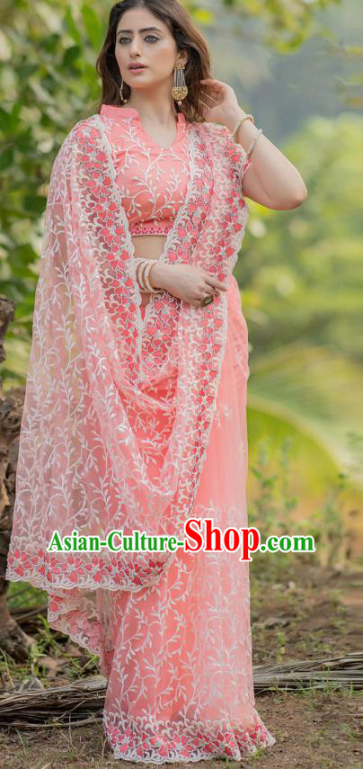 Asian India Court Lehenga Costumes Asia Indian Traditional Festival Embroidered Pink Blouse and Skirt and Sari Full Set