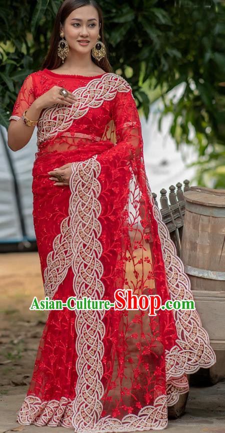 Asian India Court Lehenga Costumes Asia Indian Traditional Festival Embroidered Red Blouse and Skirt and Sari Full Set