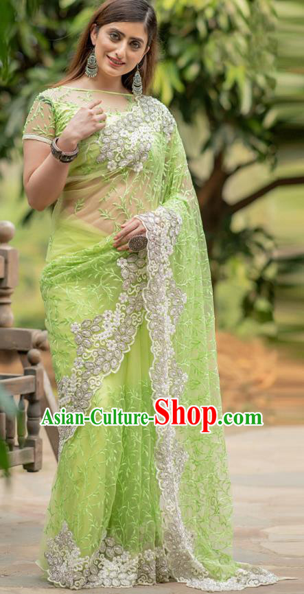 Asian India Court Lehenga Costumes Asia Indian Traditional Festival Embroidered Green Blouse and Skirt and Sari Full Set