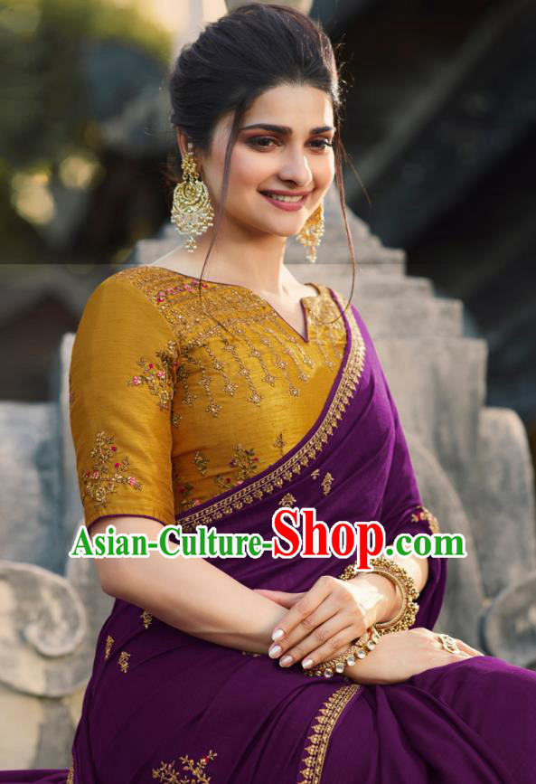 Asian India National Wedding Purple Silk Saree Costumes Asia Indian Bride Traditional Blouse and Embroidered Sari Dress for Women