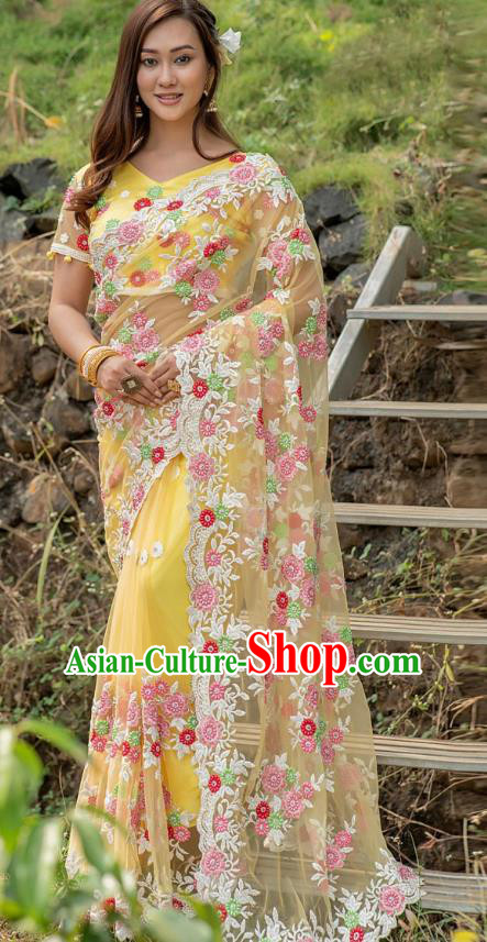 Asian India Court Lehenga Costumes Asia Indian Traditional Festival Embroidered Yellow Blouse and Skirt and Sari Full Set