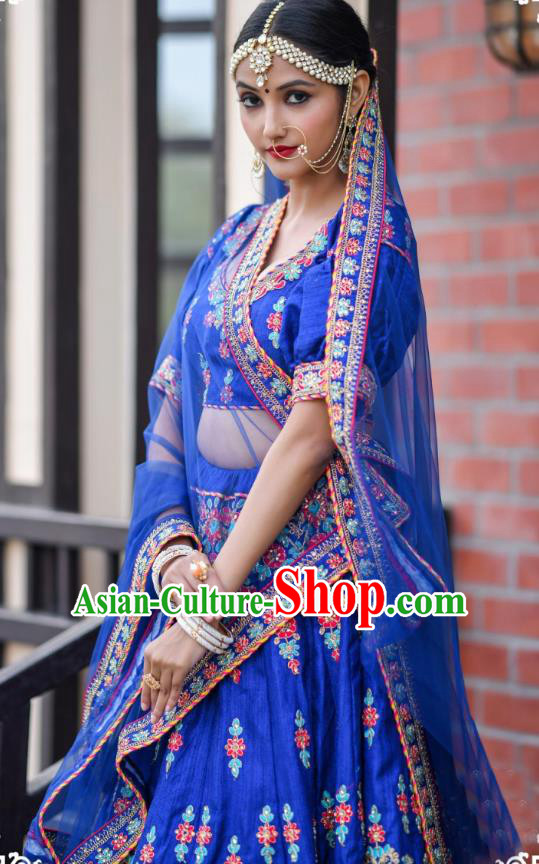 Asian India Wedding Lehenga Costumes Asia Indian Traditional Festival Bride Embroidered Royalblue Silk Blouse and Skirt and Sari Complete Set