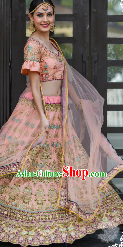 Asian India Wedding Lehenga Costumes Asia Indian Traditional Festival Bride Embroidered Pink Silk Blouse and Skirt and Sari Complete Set