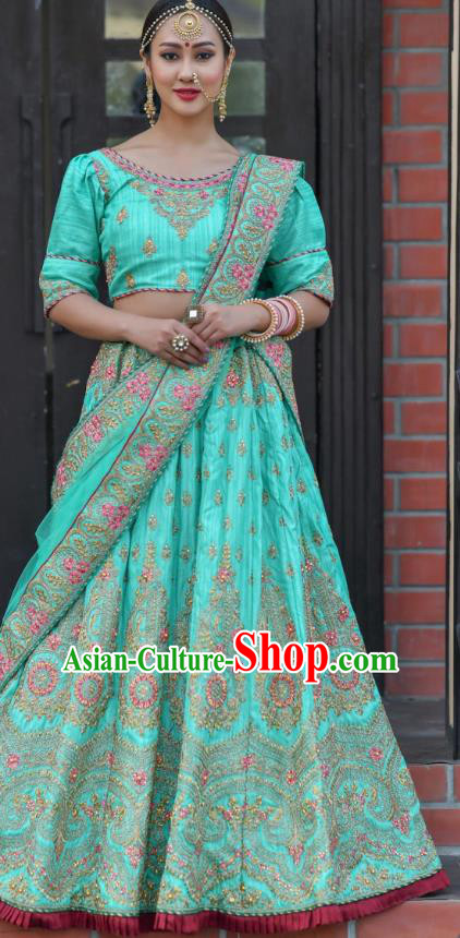 Asian India Wedding Lehenga Costumes Asia Indian Traditional Festival Bride Embroidered Lake Blue Silk Blouse and Skirt and Sari Complete Set