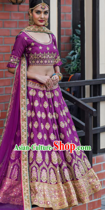 Asian India Wedding Lehenga Costumes Asia Indian Traditional Festival Bride Embroidered Purple Silk Blouse and Skirt and Sari Complete Set