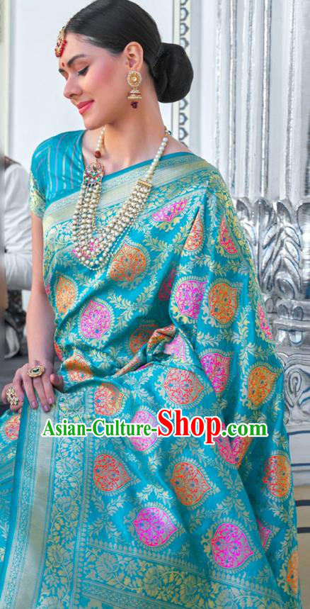 Asian India Festival Bollywood Aqua Blue Silk Saree Asia Indian National Dance Costumes Traditional Court Princess Blouse and Sari Dress for Women