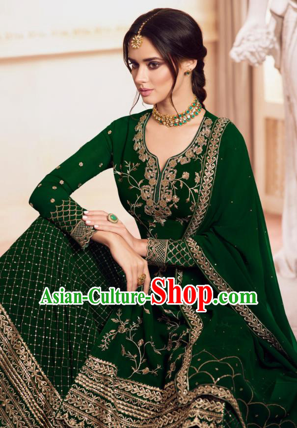 Asian India Traditional Festival Punjab Suits Costumes Asia Indian National Deep Green Crepe Long Blouse Shawl and Loose Pants Complete Set