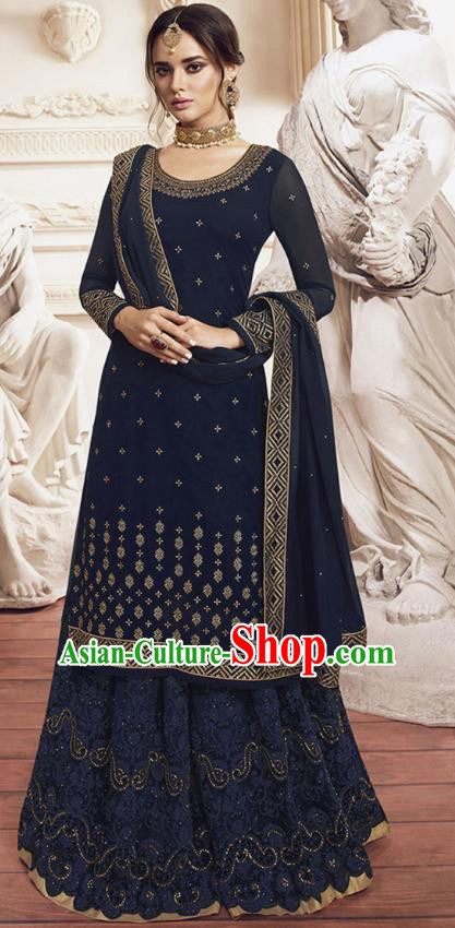 Asian India Traditional Festival Punjab Suits Costumes Asia Indian National Navy Crepe Long Blouse Shawl and Loose Pants Complete Set