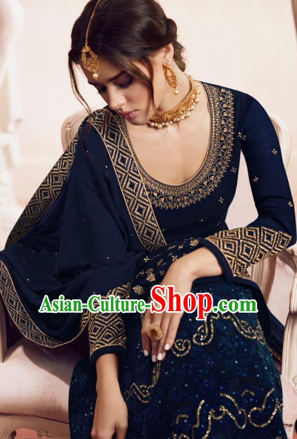 Asian India Traditional Festival Punjab Suits Costumes Asia Indian National Navy Crepe Long Blouse Shawl and Loose Pants Complete Set