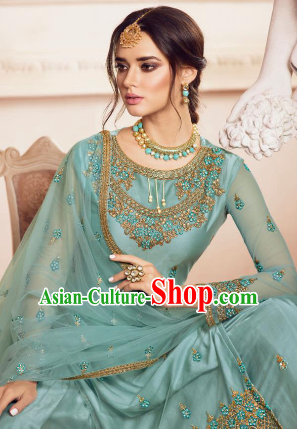 Asian India Traditional Festival Punjab Suits Costumes Asia Indian National Light Blue Crepe Long Blouse Shawl and Loose Pants Complete Set