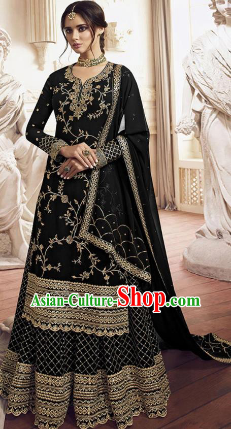 Asian India Traditional Festival Punjab Suits Costumes Asia Indian National Black Crepe Long Blouse Shawl and Loose Pants Complete Set