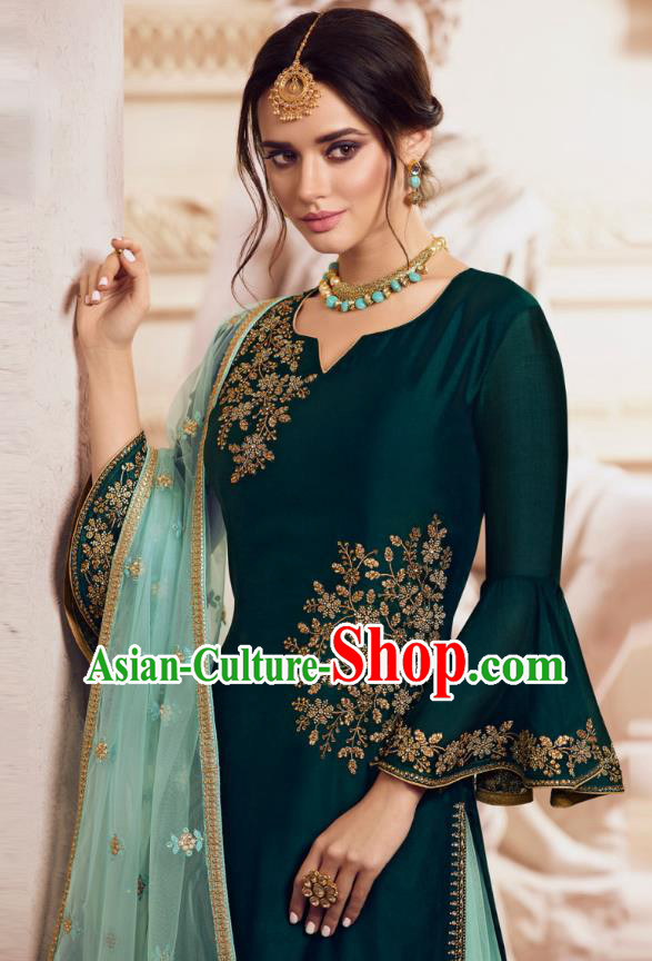 Asian India Traditional Festival Punjab Suits Costumes Asia Indian National Teal Crepe Long Blouse Shawl and Loose Pants Complete Set