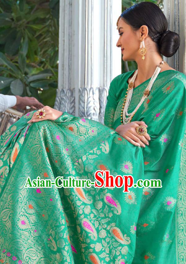 Asian India Festival Bollywood Green Silk Saree Asia Indian National Dance Costumes Traditional Court Princess Blouse and Sari Dress for Women