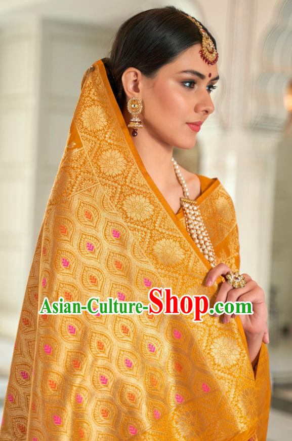 Asian India Festival Bollywood Yellow Silk Saree Asia Indian National Dance Costumes Traditional Court Princess Blouse and Sari Dress for Women