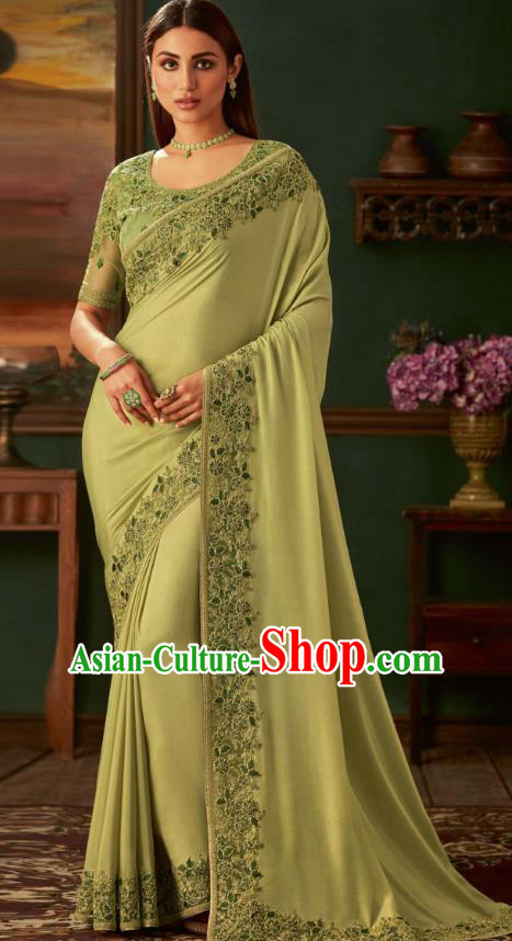 Asian India Bollywood Light Green Silk Saree Dress Asia Indian National Festival Dance Costumes Traditional Court Female Blouse and Sari Full Set