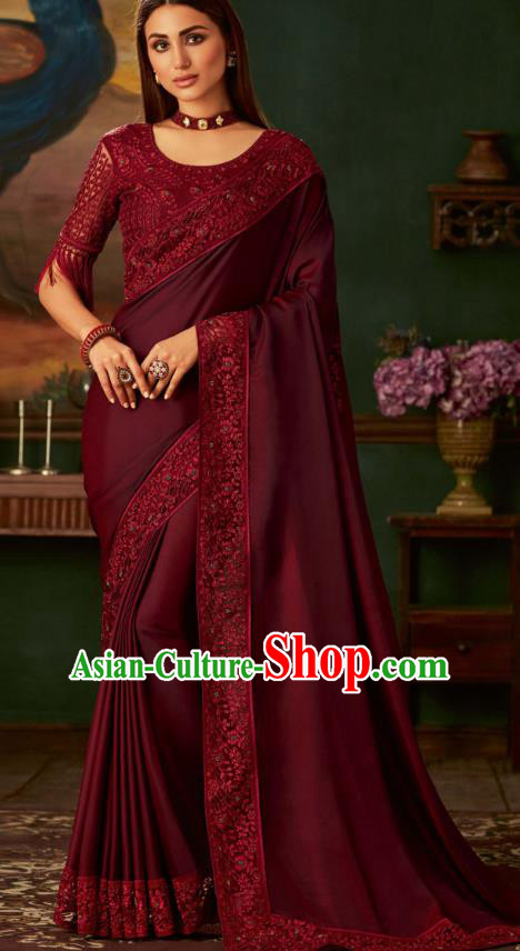 Asian India Bollywood Maroon Silk Saree Dress Asia Indian National Festival Dance Costumes Traditional Court Female Blouse and Sari Full Set