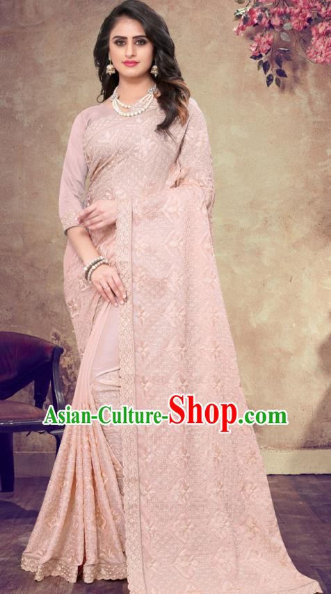 Asian India Festival Bollywood Light Pink Georgette Saree Dress Asia Indian National Dance Costumes Traditional Court Princess Blouse and Sari Full Set