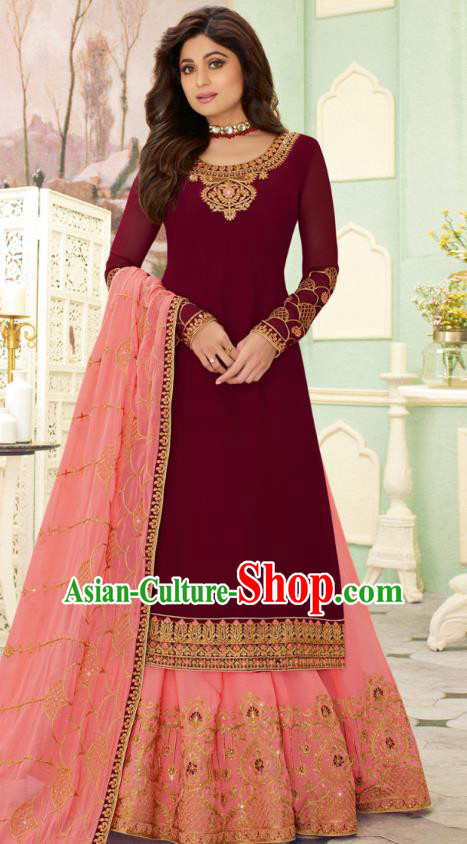 Asian India Traditional Lehenga Costumes Asia Indian National Folk Dance Wine Red Georgette Sari Dress and Pink Skirt Complete Set