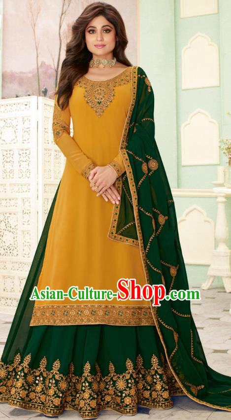 Asian India Traditional Lehenga Costumes Asia Indian National Folk Dance Yellow Georgette Sari Dress and Deep Green Skirt Complete Set
