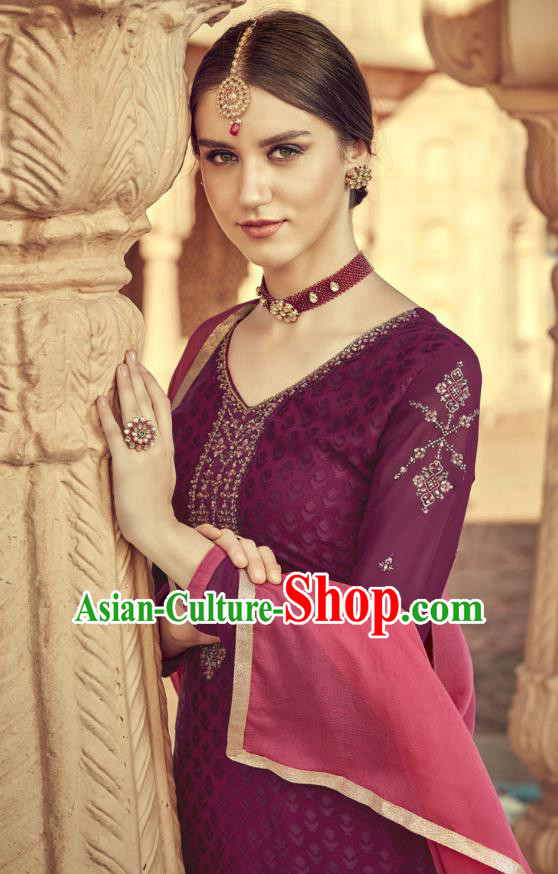 Asian India Traditional Suits Costumes Asia Indian National Folk Dance Purple Viscose Long Blouse and Loose Pants Shawl Complete Set