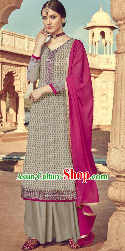 Asian India Traditional Suits Costumes Asia Indian National Folk Dance Gray Viscose Long Blouse and Loose Pants Shawl Complete Set
