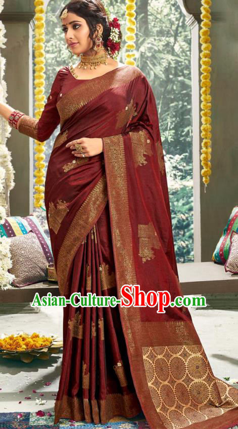 Asian India National Bollywood Maroon Silk Saree Costumes Asia Indian Bride Traditional Blouse and Sari Dress for Women