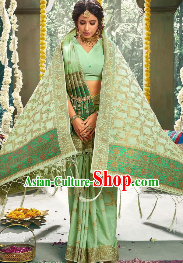 Asian India National Bollywood Light Green Silk Saree Costumes Asia Indian Bride Traditional Blouse and Sari Dress for Women