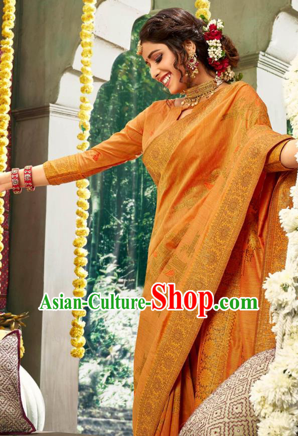 Asian India National Bollywood Orange Silk Saree Costumes Asia Indian Bride Traditional Blouse and Sari Dress for Women