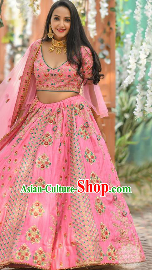 Asian India National Wedding Lehenga Costumes Asia Indian Bride Traditional Pink Silk Blouse and Embroidered Skirt Sari for Women