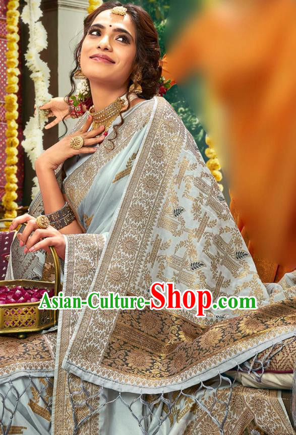 Asian India National Bollywood Gray Silk Saree Costumes Asia Indian Bride Traditional Blouse and Sari Dress for Women