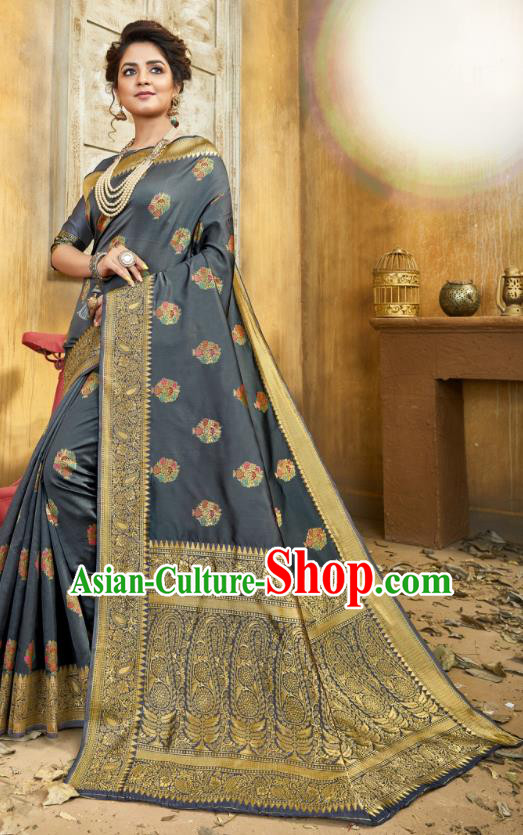 Asian India National Bollywood Grey Silk Saree Costumes Asia Indian Princess Traditional Blouse and Sari Dress for Women