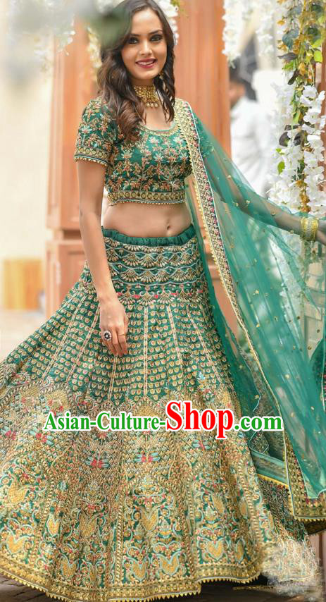 Asian India National Wedding Lehenga Costumes Asia Indian Bride Traditional Green Silk Blouse and Embroidered Skirt Sari for Women
