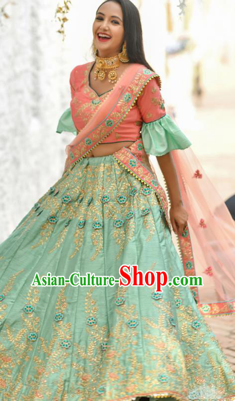 Asian India National Wedding Lehenga Costumes Asia Indian Bride Traditional Pink Silk Blouse and Embroidered Light Green Skirt Sari for Women