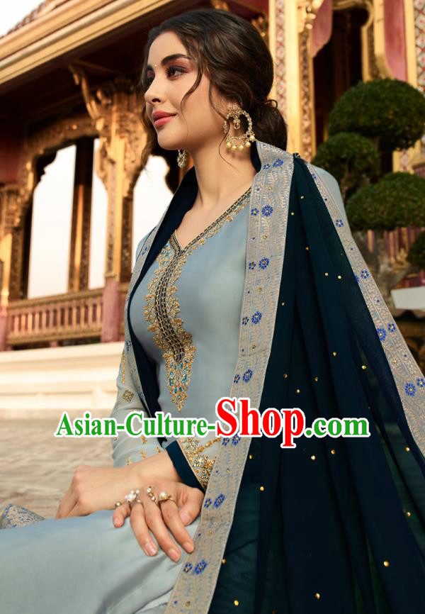 Asian India National Court Punjab Costumes Asia Indian Traditional Embroidered Gray Satin Blouse Sari and Loose Pants for Women