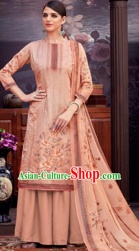 Asian India National Printing Punjab Costumes Asia Indian Traditional Dance Peach Pink Cotton Blouse and Loose Pants and Shawl Full Set