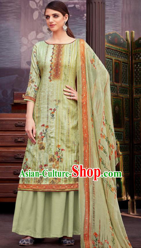Asian India National Printing Punjab Costumes Asia Indian Traditional Dance Light Green Cotton Blouse and Loose Pants and Shawl Full Set