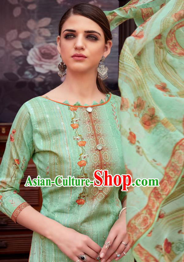 Asian India National Printing Punjab Costumes Asia Indian Traditional Dance Green Cotton Blouse and Loose Pants and Shawl Full Set