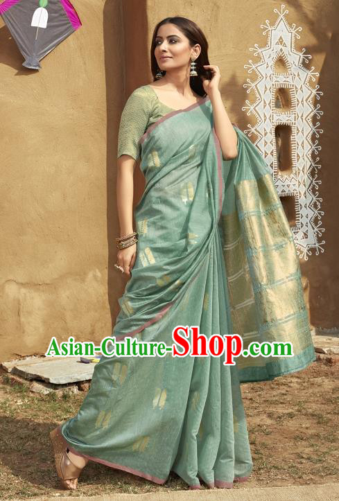 Asian India National Dance Green Linen Saree Costumes Asia Indian Princess Traditional Bollywood Blouse and Sari Dress for Women