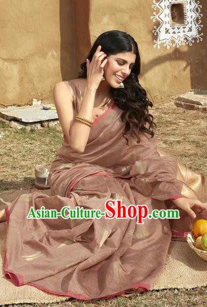 Asian India National Dance Brown Linen Saree Costumes Asia Indian Princess Traditional Bollywood Blouse and Sari Dress for Women