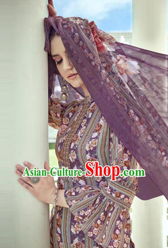 Asian India National Punjab Costumes Asia Indian Traditional Dance Embroidered Purple Muslin Blouse and Loose Pants and Shawl Full Set
