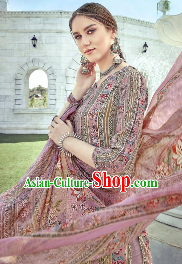 Asian India National Punjab Costumes Asia Indian Traditional Dance Embroidered Lilac Muslin Blouse and Loose Pants and Shawl Full Set
