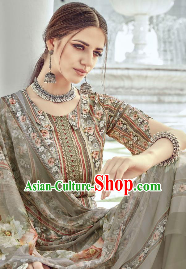 Asian India National Punjab Costumes Asia Indian Traditional Dance Embroidered Brown Muslin Blouse and Loose Pants and Shawl Full Set
