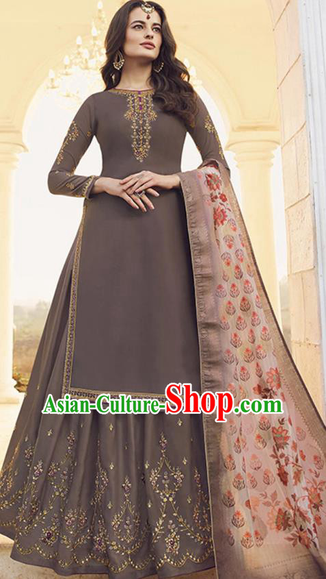 Asian India Court Punjab Costumes Asia Indian Traditional National Dance Embroidered Brown Satin Blouse and Skirt and Shawl Full Set